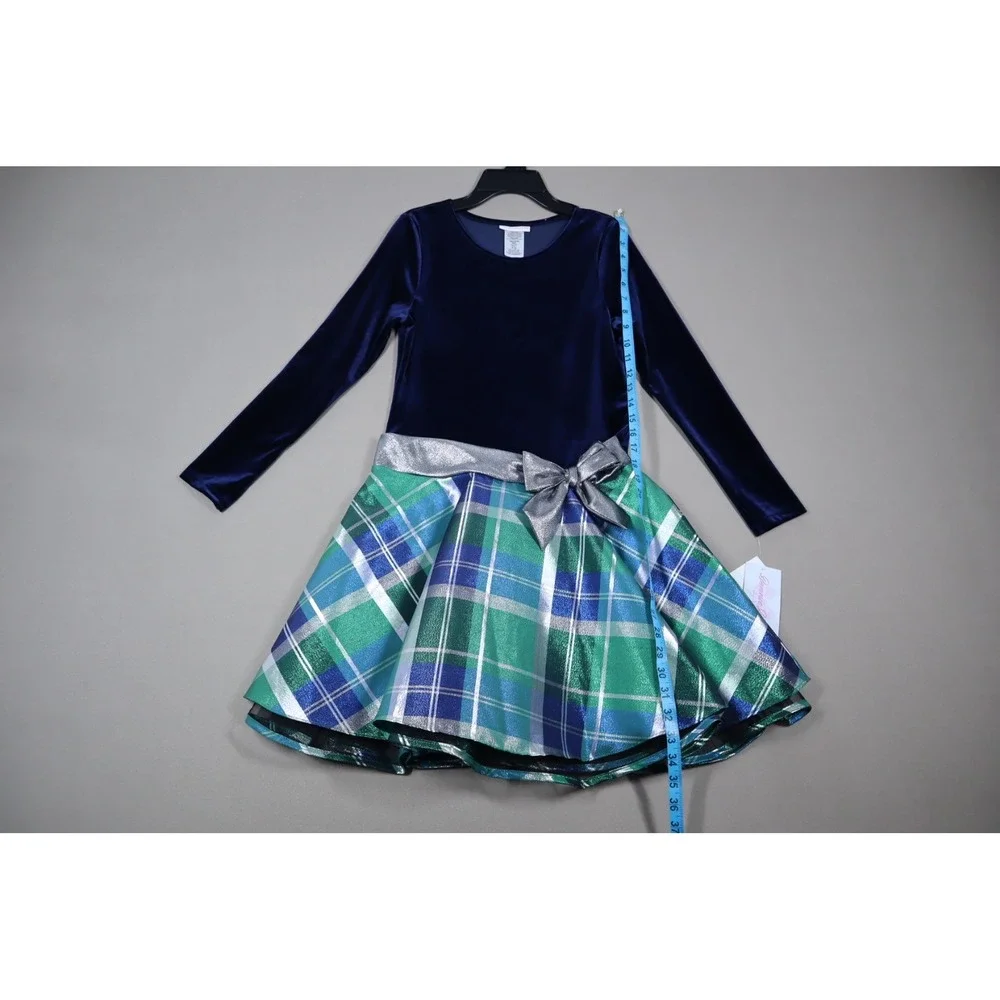 Bonnie Jean Big Girls Long Sleeve Velvet Bodice with Plaid Skirt Dress‎ - Navy